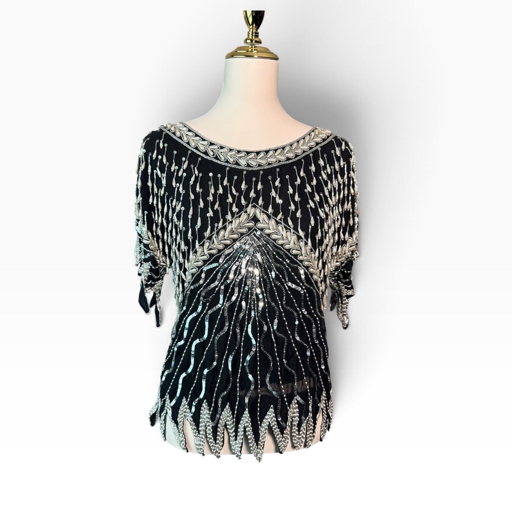 Vintage 80s 90s Silk Beaded Top L Black Silver Sequins Pearl India Evening